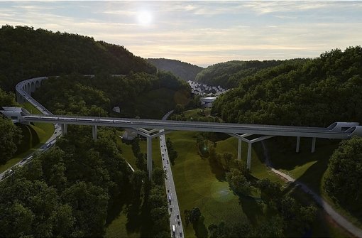 Die Filstalbrücke (im Hintergrund Wiesensteig) wird 85 Meter hoch aufragen. Sie ist Teil der Bahnstrecke Wendlingen-Ulm und verbindet Boßler- und Steinbühltunnel. Foto: Visualisierung: Aldinger & Wolf