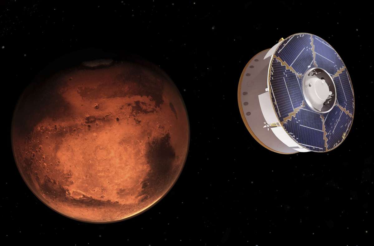 Die von der Nasa zur Verfügung gestellte Illustration zeigt die Raumsonde Mars 2020, die den Nasa-Rover „Perseverance“ transportiert, bei der Annäherung an den Mars. Foto: Nasa/JPL-Caltech/AP/dpa