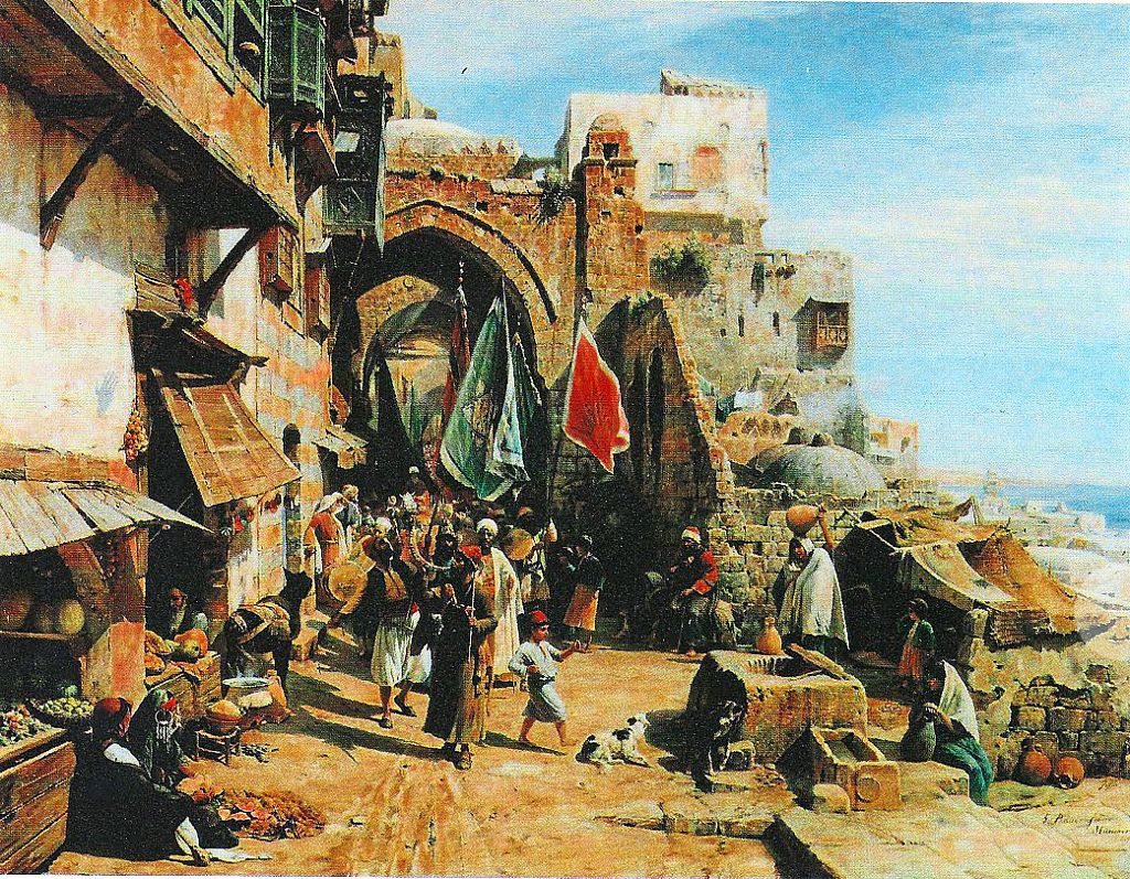 Das Bild zeigt eine Straßenszene in Jaffa und  war  Anlass zur Bauernfeind-Forschung.
