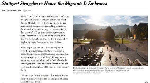 Die New York Times schreibt über Stuttgart und die Flüchtlingssituation  Foto: Screenshot