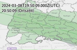 Die aktuell berechnete Überflugbahn der ISS-Teile über Baden-Württemberg, visualisiert vom Bundesamt für Bevölkerungsschutz und Katastrophenhilfe Screenshot: Gern/Grafik: BBK 2024 Datenanalyse und Visualisierung (DaVis)
