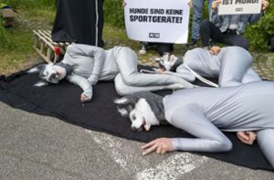 Die Tierschutzorganisation Peta macht eine Protestaktion gegen Schlittenhunderennen vor dem Prozessbeginn in Calw. Foto: Thomas Fritsch