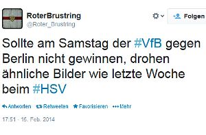 Einige Fans des VfB Stuttgart haben nach der Niederlage gegen Hoffenheim offensichtlich keine große Geduld mehr. Foto: @Roter_Brustring (Twitter) | Screenshot: SIR