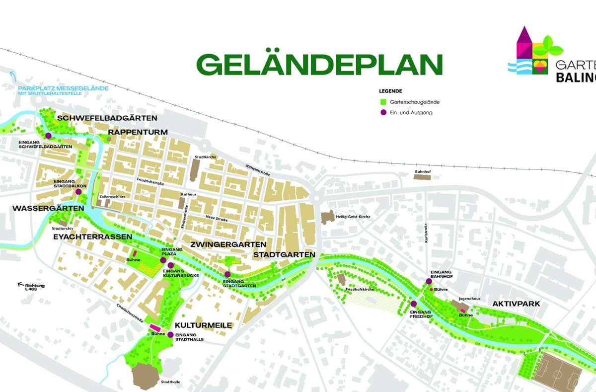 Der Geländeplan: Die Gartenschau 2023 zieht sich einmal entlang der Balinger Innenstadt. Foto: Stadtverwaltung Balingen