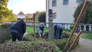 Die freiwilligen Helfer packen im Geislinger Schlossgarten an und bringen das Juwel wieder auf Vordermann. Foto: Koch