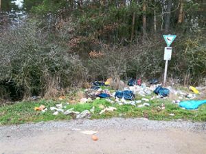 Ein grotesker Anblick: Rund um das Naturschutzgebiet-Schild liegt haufenweise Müll. Foto: Schlaich