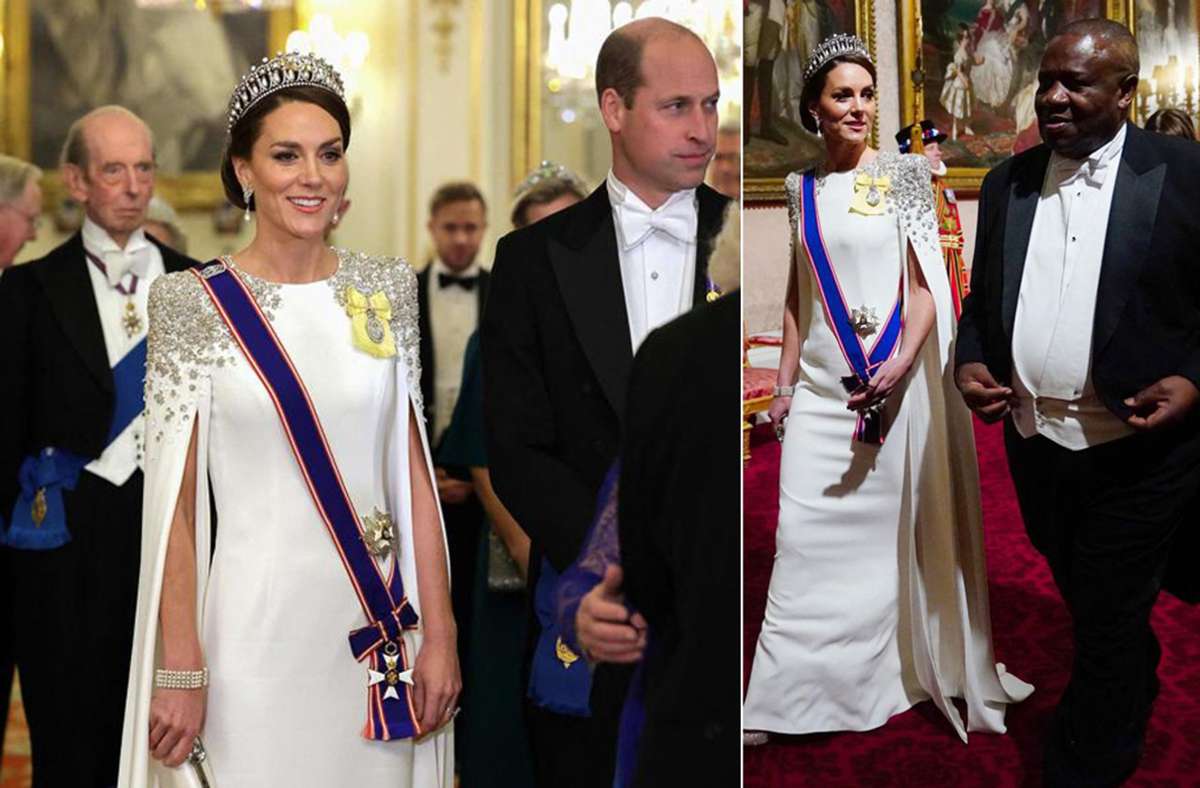 Makellos in einem weißen Cape-Kleid: Prinzessin Kate beim Staatsbankett im Buckingham Palace. Foto: dpa/AFP/Chris Jackson