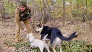 Der Soldat Dima spielt mit den Hunden. Foto: Till Mayer