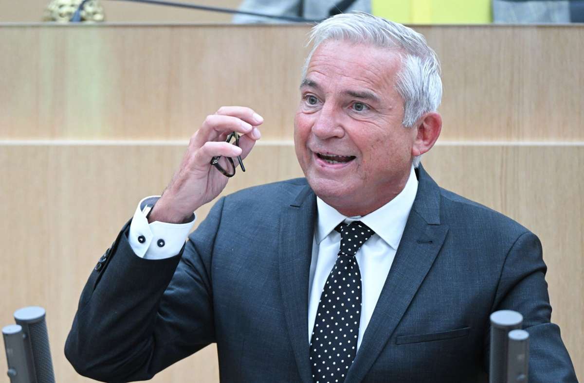 Thomas Strobl bei Debatte im Landtag am 11. Mai Foto: dpa/Bernd Weißbrod