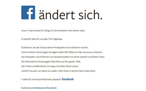 Mit dieser Anzeige kündigt Facebook Maßnahmen gegen Datenmissbrauch und Fake News an. Foto: Screenshot/sb