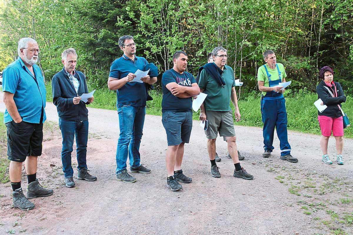 Vor Ort informieren sich der  Gemeinderat und einige Gäste über den   Gütenbacher Gemeindewald. Fotos: Hajek