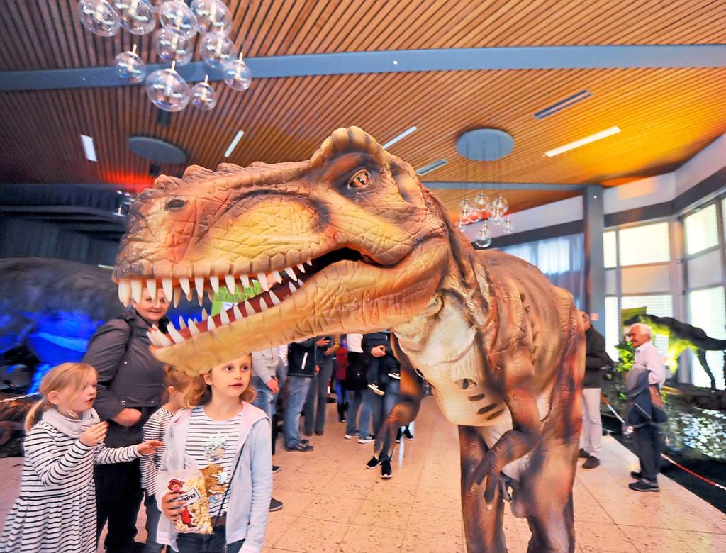 Ein freilaufende Dinosaurier machte am Sonntag die Sulzberghalle unsicher.