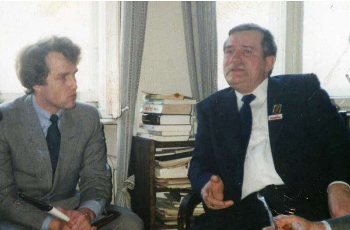 Rüdiger von Fritsch (links)  1989 mit dem späteren Staatspräsidenten Lech Walesa, damals Vorsitzender der verbotenen Gewerkschaft Solidarność