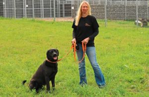 Kreistierheim-Leiterin Nadine Vögel mit Hund Yanuk, der ein neues Zuhause sucht. Hinter ihnen ein Teil der Ausläufe des Heimes. Foto: Wursthornr