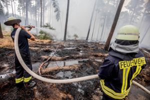 Feuerwehrmänner bekämpfen einen Waldbrand bei Treuenbrietzen in der Nähe von Brandenburg. Der trockene und heiße Sommer hat auch in Wäldern Deutschlands Spuren hinterlassen. Foto: Kappeler Foto: Schwarzwälder Bote