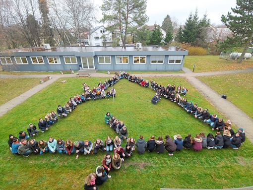 Die Studenten der DHBW formieren sich zu einem Recycling-Symbol.  Foto: DHBW