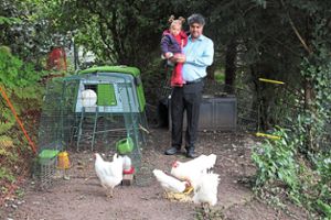 Ziemlich reduzierte Hühnerschar: Raphael Volz mit Tochter Johanna im Hühner-Freilauf im eigenen Garten. Foto: Gegenheimer