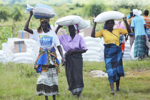 Frauen tragen Maissäcke, die sie  von der Nahrungsmittelhilfe erhalten haben. Das Welternährungsprogramm der Vereinten Nationen schätzt, dass in Simbabwe etwa die Hälfte der Bevölkerung von einer Hungersnot bedroht ist.  Foto: dpa/Mukwazhi Foto: Schwarzwälder Bote