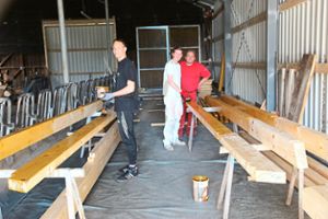Mitglieder und Helfer des Sportvereins Eutingen streichen gerade die Balken für das kommende Verkaufsgebäude am neuen ­Kunstrasenplatz. Foto: Feinler Foto: Schwarzwälder-Bote
