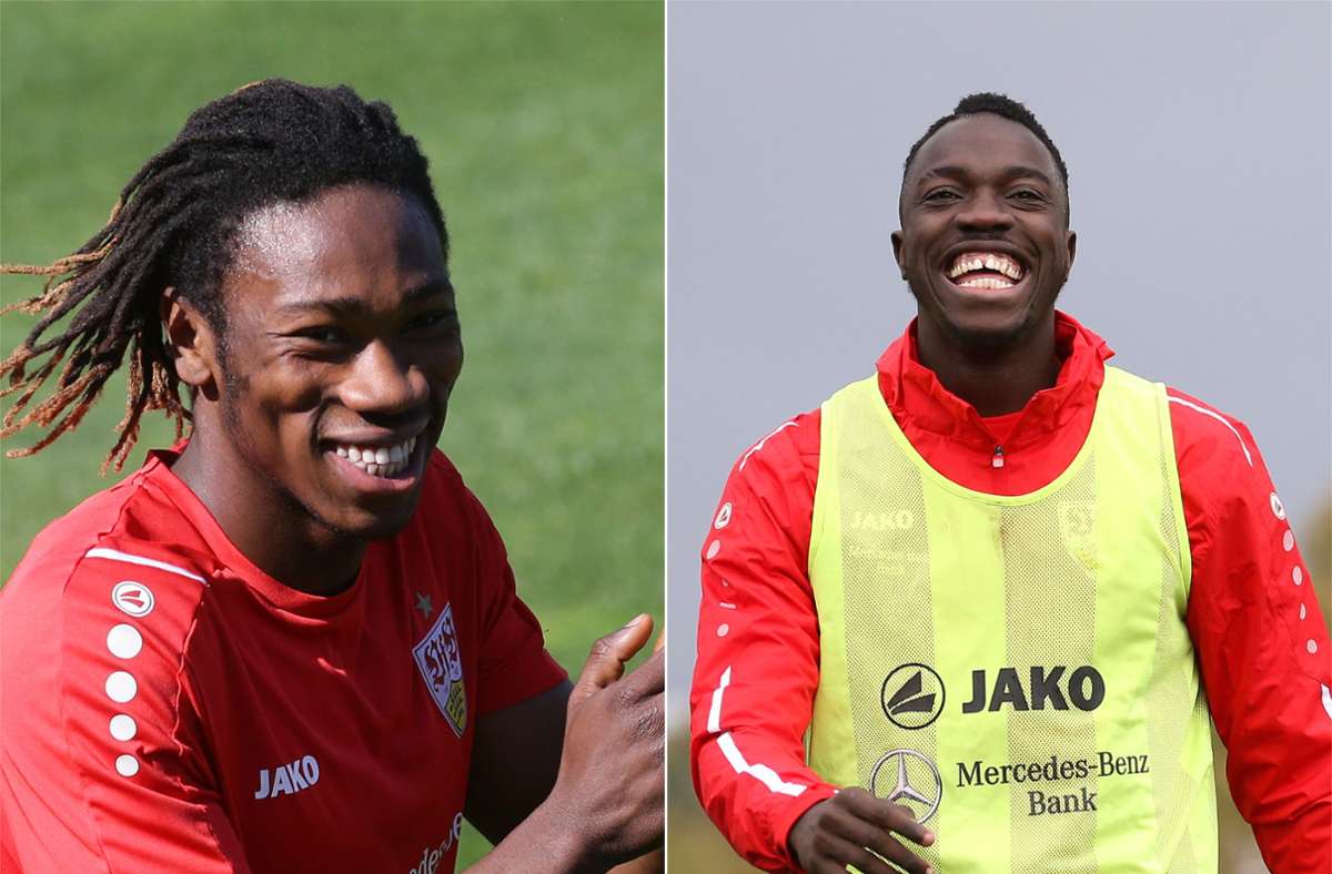 Mohamed Sankoh (links) und Silas Katompa Mvumpa haben Grund zum Lachen: In der kommenden Saison wollen sie nach langer Leidenszeit wieder angreifen. In unserer Bildergalerie finden Sie den aktuellen VfB-Kader. Foto: Baumann