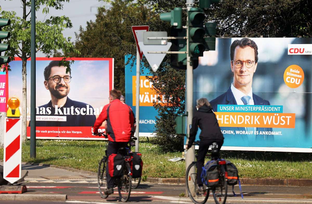 Wer hat am Sonntag die Nase vorn? Die Spitzenkandidaten Hendrik Wüst (CDU) und Thomas Kutschaty (SPD) geben im Wahlkampf alles. Foto: dpa/Oliver Berg