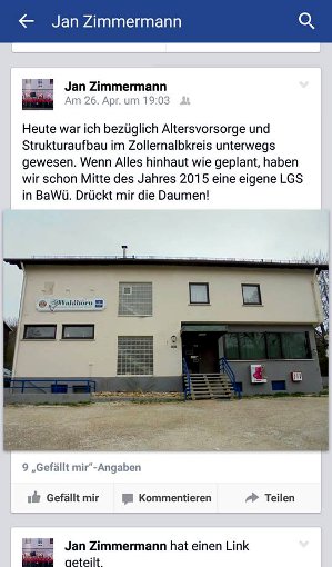 Facebook-Eintrag von Jan Zimmermann: Die NPD will ihre Parteizen­trale in unmittelbarer Nähe der Landeserstaufnahmestelle für Flüchtlinge einrichten. Foto: Facebook