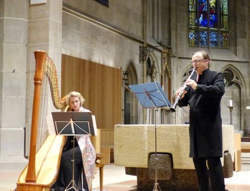 Katharina Teufel (Harfe) und Gabor Lieli (Klarinette) konzertieren im Heilig-Kreuz-Münster. Foto: Friederichs Foto: Schwarzwälder Bote