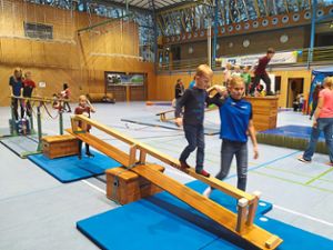 Und drüber: Die Kinder haben beim Familientag in der Geislinger Schlossparkhalle an den verschiedenen Stationen jede Menge Spaß.  Foto: Wagner Foto: Schwarzwälder Bote