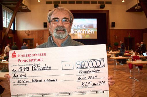 Alles eine Frage des Rechenwegs? Wolf Hoffmann (Grüne) zeigte in der Kreistagssitzung einen Spendenscheck, der zeigt, dass der Abmangel des Krankenhauses umgerechnet auf den einzelnen Patienten nicht so gewaltig ist. Foto: Rath