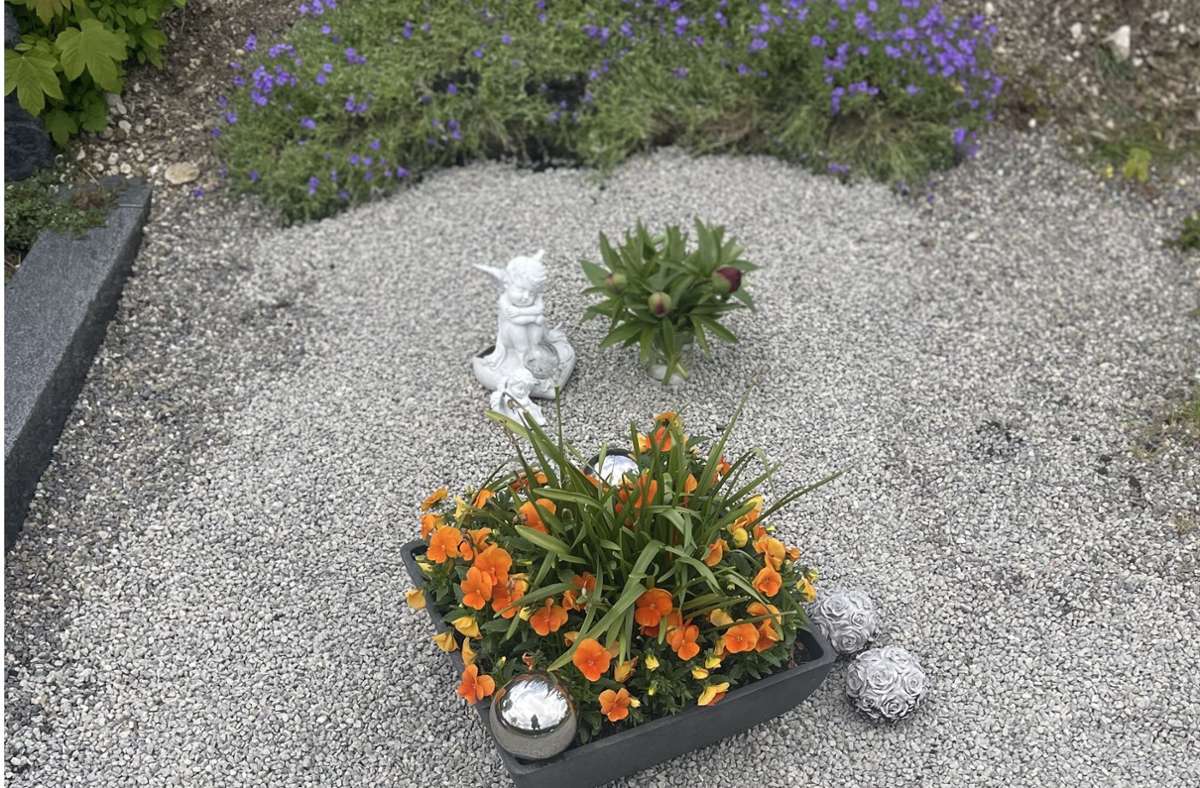 Nur noch die bepflanzte Schale, eine Kerze  und eine Engelsfigur zeugen von der einst liebevoll angelegten letzten Ruhestätte des Familienvaters Lothar Lann. Foto: Lann
