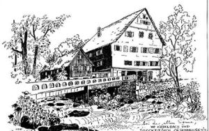 Das Polnische Kinderheim in Aach (links) auf einer Zeichnung der verstorbenen  Künstlerin Eleonore Kötter. Foto: Zeichnung: Eleonore Kötter