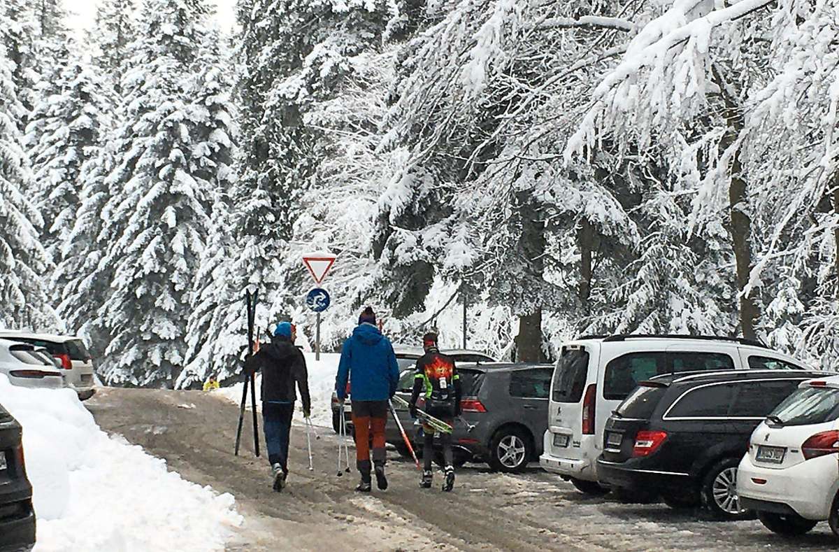 Beste Bedingungen für Wintersport: Ski-Langläufer am Lauferbrunnen in Freudenstadt auf dem Weg zur Loipe. Foto: Schwark