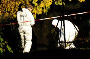 Polizieibeamte untersuchen am Mittwoch in Herbolzheim die Fundstelle des toten Kindes. Foto: dapd