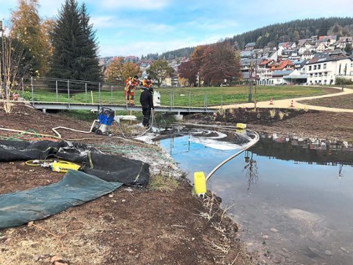Die Freiwillige Feuerwehr musste am Samstag noch Nacharbeiten wegen der Gewässerverunreinigung im Schonacher Kurpark erledigen.  Foto: Feuerwehr
