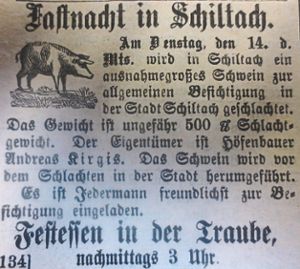 Eine Fastnacht-Anzeige aus dem Kinzigtäler vom 14. Februar 1893 Foto: Stadtarchiv Wolfach Foto: Schwarzwälder Bote