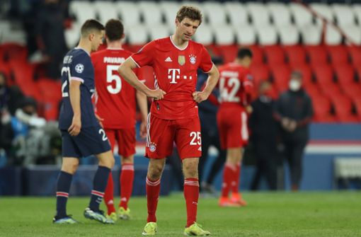 Thomas Müller hat wie seine Kollegen vom FC Bayern gegen PSG alles gegeben, doch es fehlte eben dieses eine Tor zum 2:0, was das Weiterkommen bedeutet hätte. Foto: dpa/Sebastien Muylaert
