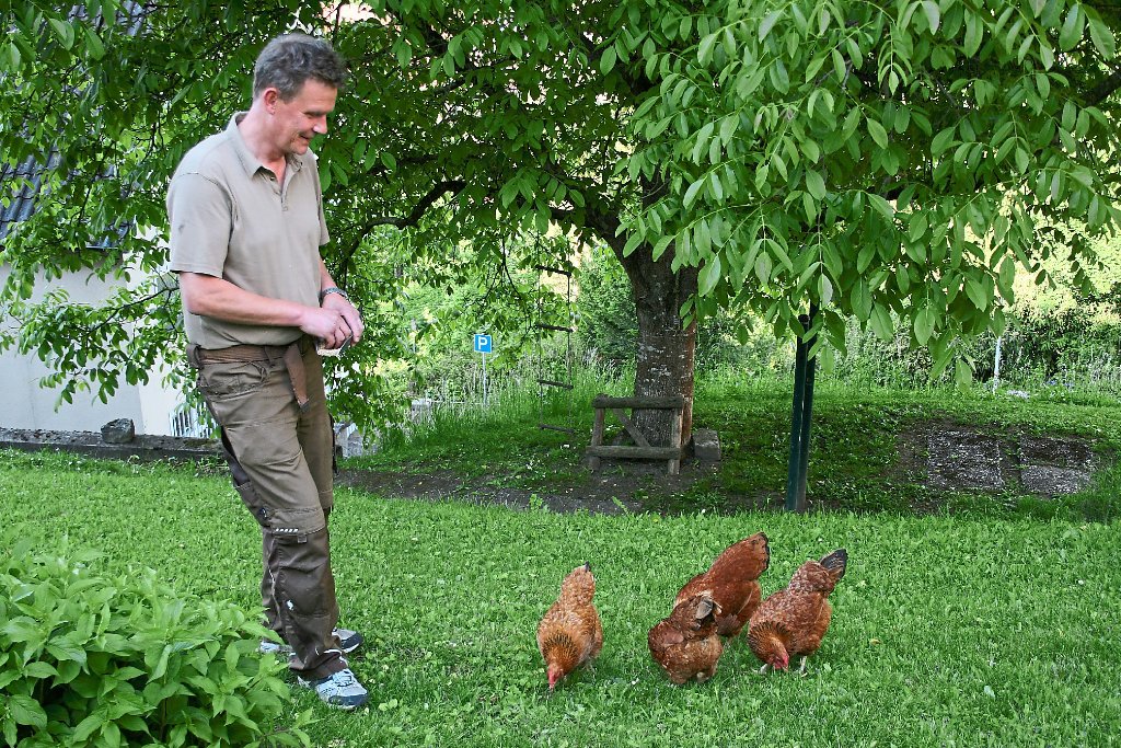 Susanne Ahner und Markus Graf umringt von ihren Hühnern. Die Eier werden fein säuberlich beschriftet. Der Gestaltung  sind beim Stallbau keine Grenzen gesetzt, wie dieses Modell aus einem Bochinger Garten beweist.