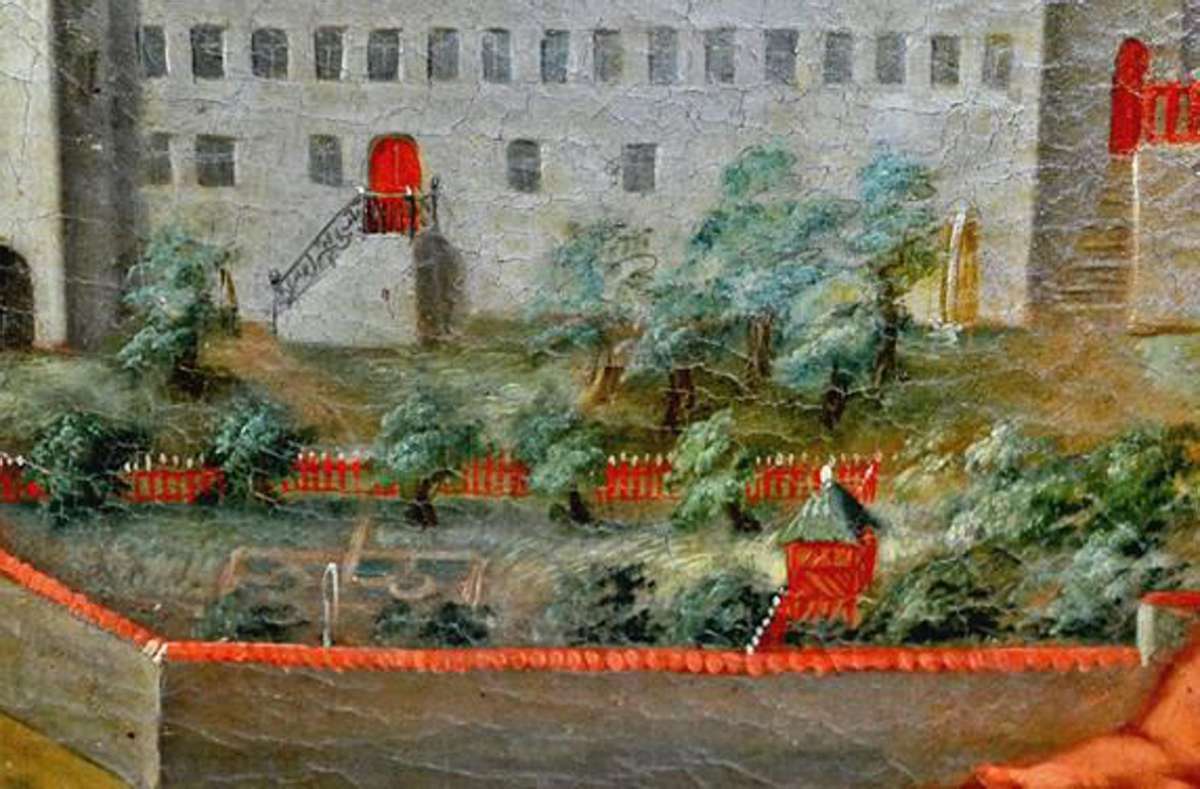 Auf diesem Bild von 1732 ist gut zu erkennen, dass der Pavillon ursprünglich rot gestrichen gewesen ist. Diese Farbe soll er wieder erhalten.