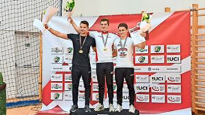 Die drei Besten im 1-er der Männer beim Weltcup in Kisvarda (von links): Emilio Arellano, Lukas Kohl  und der Ttailfinger Philipp Rapp. Foto: Maute