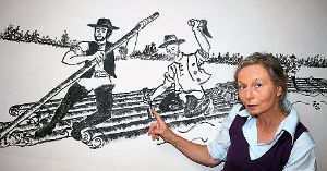 Monika Laufenberg erläutert an Hand der Malerei von Rolf Schorp († 2013) im Dorfmuseum die Flößerei auf dem Neckar, speziell an der Anlegestelle in Börstingen. Foto: Bieger Foto: Schwarzwälder-Bote
