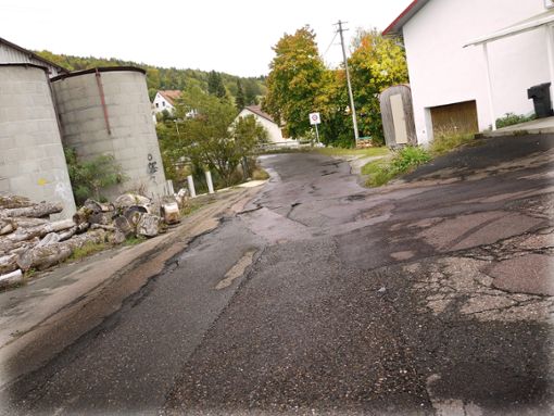 An vielen Stellen ist die Straße, die keinen Gehweg hat, stark beschädigt. Foto: Eyrich