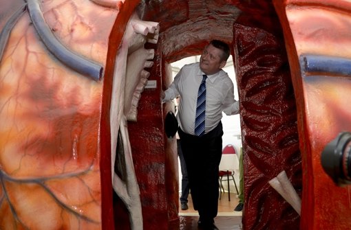Bundesgesundheitsminister Hermann Gröhe (CDU) während dem Tag der Organspende in einem übergroßes Modell eines menschlichen Herzens. Foto: dpa