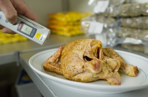 Ein Lebensmittelkontrolleur der Stadt Mannheim überprüft bei einer Betriebskontrolle die Temperatur einer Portion Hähnchen. (Archivfoto) Foto: dpa