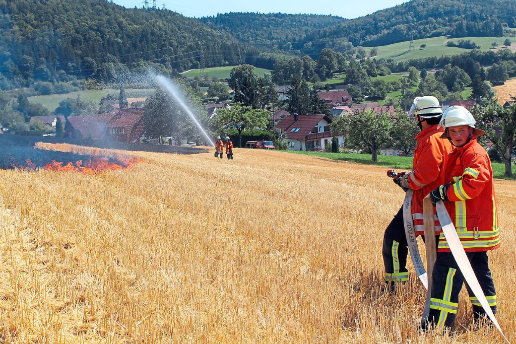 Mit einem Großaufgebot bekämpfen die Kameraden den Flächenbrand bei Epfenhofen. Links ist deutlich das brennende Stoppelfeld zu sehen. Nach Schätzung der Polizei brannten circa drei Hektar ab. Foto: Baltzer
