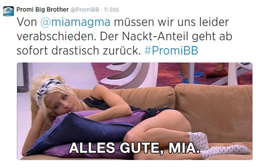 Ausziehen statt anziehen: Miga Julia/Magma musste das Promi Big Brother-Haus verlassen. Foto: twitter.com/PromiBB