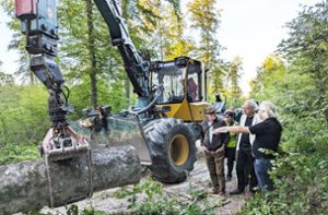 Der Vollernter im Einsatz beim Waldbegang – der Holzverkauf ist eine wichtige Foto: Harald Lögler